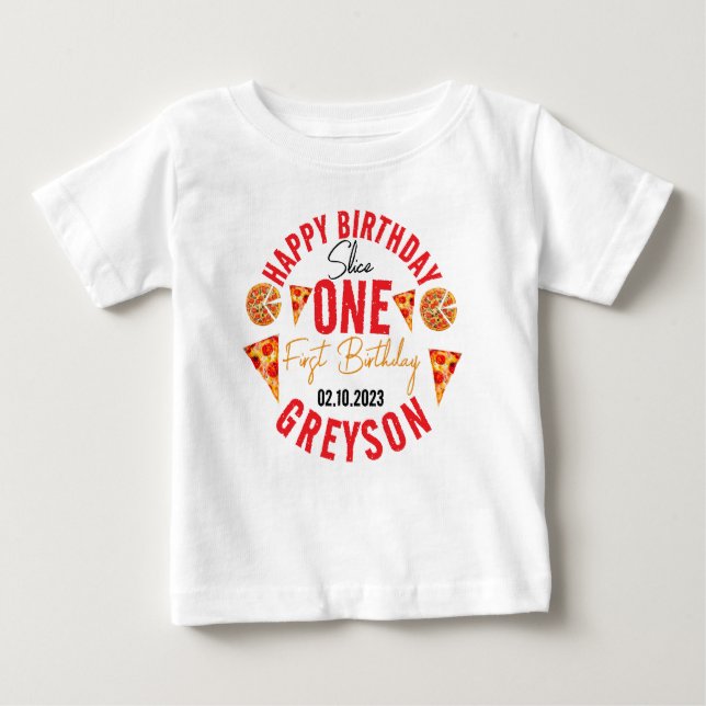 Camiseta Primeiro aniversario de Pizza Bebê com Fatia Moder (Frente)