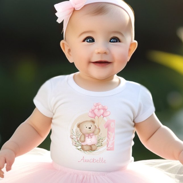 Camiseta Primeiro Aniversário do Urso de Teddy e Balões do  (First Birthday Cute Teddy Bear & Heart Balloons Baby T-Shirt)