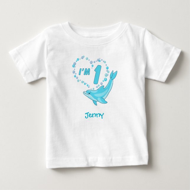 Camiseta Primeiro aniversario Dolphin Heart Baby Bodyfit (Frente)