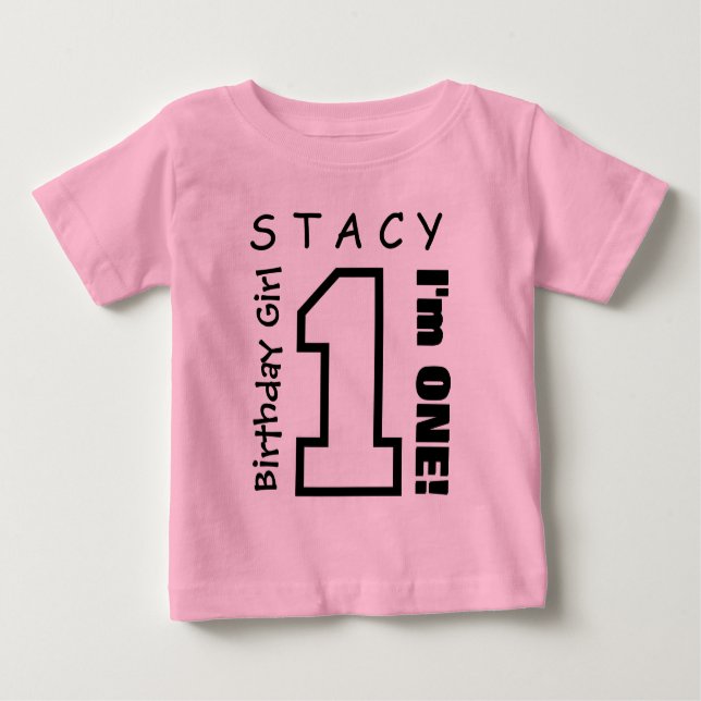 Camiseta primeiro aniversario Girl One Year Custom Name Pin (Frente)
