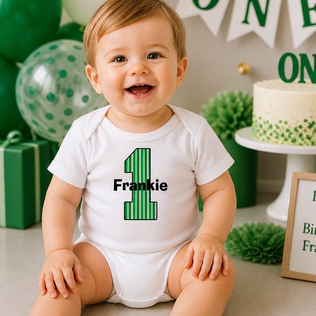 Camiseta Primeiro Aniversário Listras Verdes (Green Striped First Birthday Toddler T-shirt )