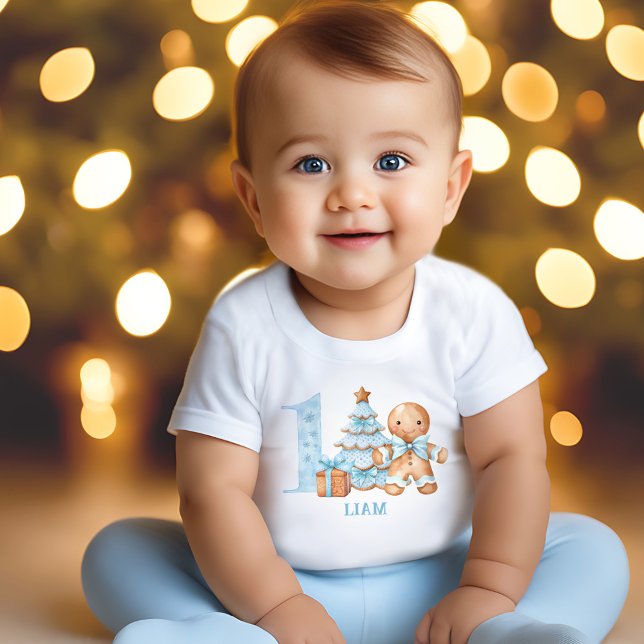 Camiseta primeiro aniversario Natal Azul Gingerpão Nome (1st Birthday Christmas Blue Gingerbread Man Name Baby T-Shirt)