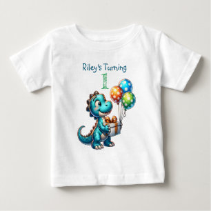 Camiseta Primeiro Aniversário Nome e Idade do Dinossauro