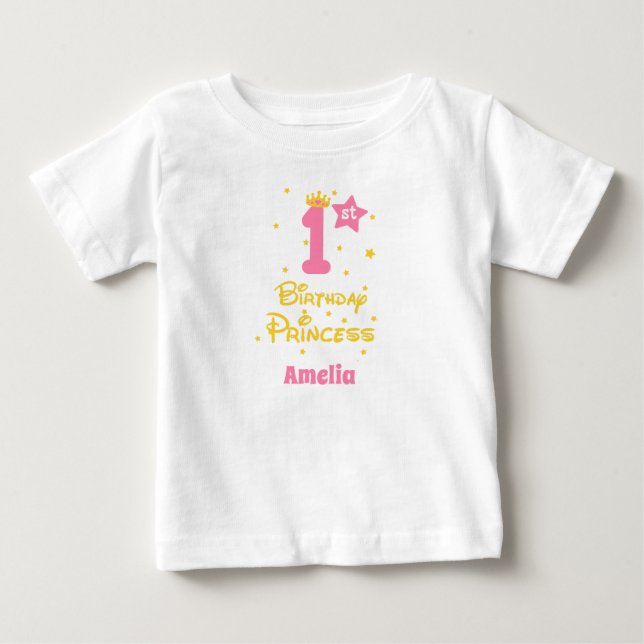 Camiseta primeiro aniversario Princesa Rosa Dourada Amarelo (Frente)
