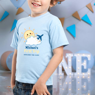 Camiseta Primeiro Aniversário, Rapaz Whimsical Airplane Sun