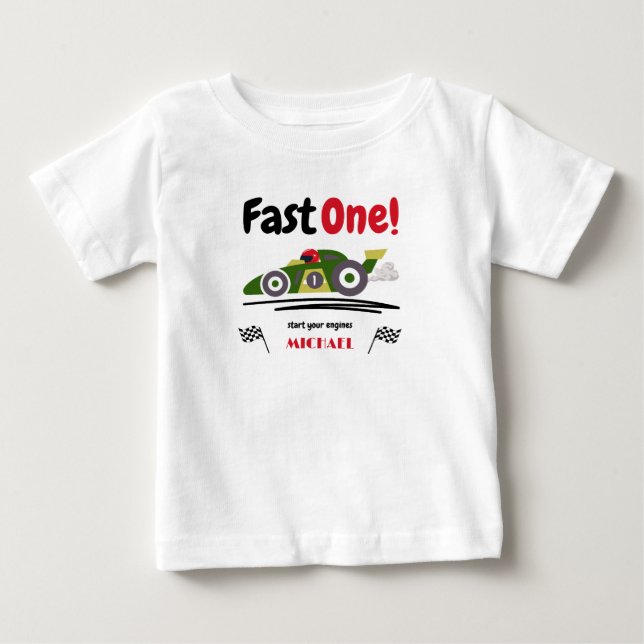 Camiseta Primeiro Aniversário Rápido Um Carro De Raça Verde (Frente)