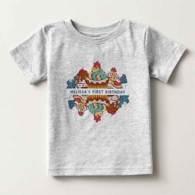 Camiseta primeiro aniversario Retro Style Cupcakes Doce Sob (Frente)
