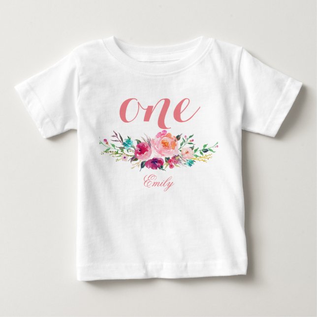 Camiseta primeiro aniversario Watercolor Floral Personaliza (Frente)