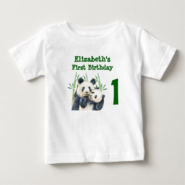 Camiseta primeiro aniversario Watercolor Panda Bears Aquare (Frente)
