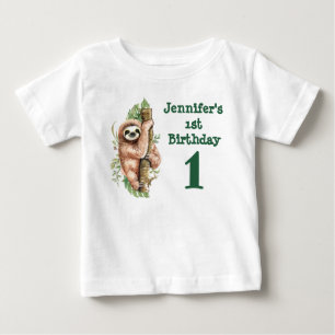 Camiseta primeiro aniversario Watercolor Sloth e Folhas Tro