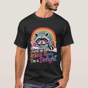 Camiseta Primeiro De Jesus Acha Um Design De Guaxinim Encan