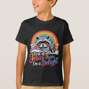 Camiseta Primeiro De Jesus Acha Um Design De Guaxinim Encan