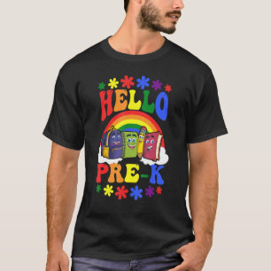 Camiseta Primeiro Dia Da Escola Olá Pré K Rainbow Kindergar