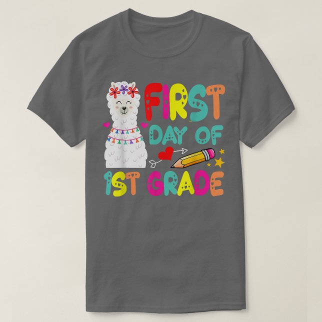 Camiseta Primeiro dia da Professora da Grau 1rua Cute Llama (Frente do Design)