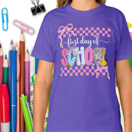 Camiseta Primeiro Dia de Aula Coquette / Laço Xadrez Rosa