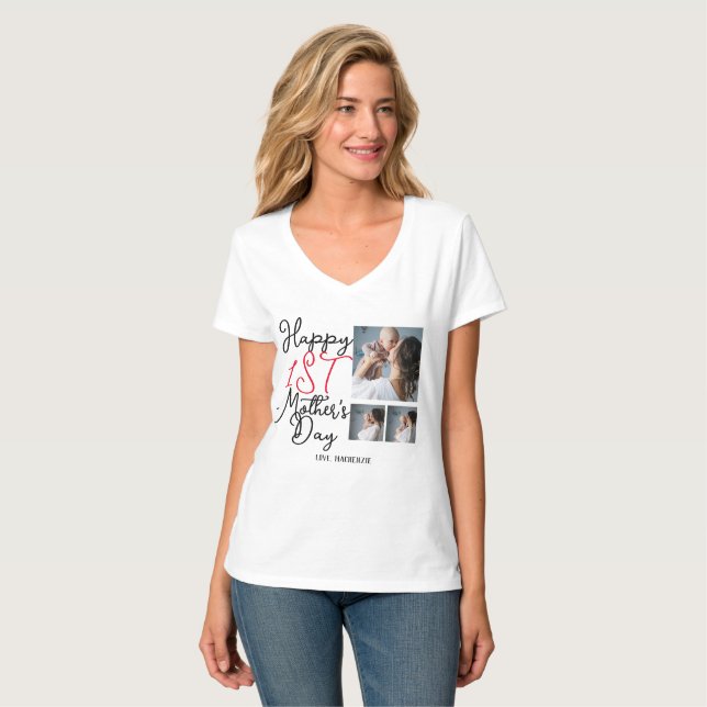 Camiseta Primeiro Dia de Mãe Simples Oferecendo Três Colage (Frente Completa)
