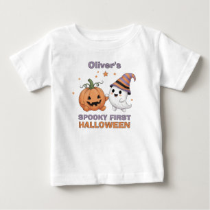 Camiseta "Primeiro Halloween Assustador" Fantasma e Abóbora
