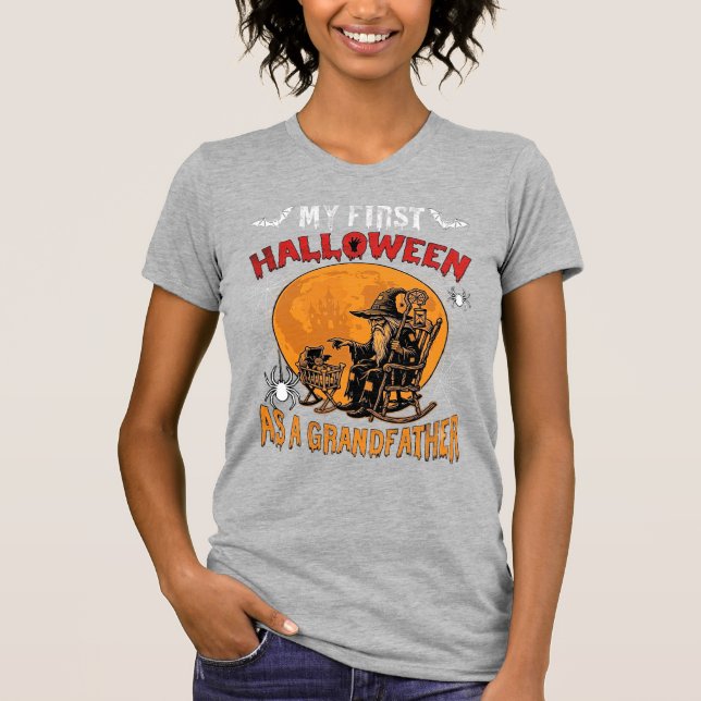 Camiseta Primeiro Halloween como Avô Feiticeiro Morcego Lua (Frente)