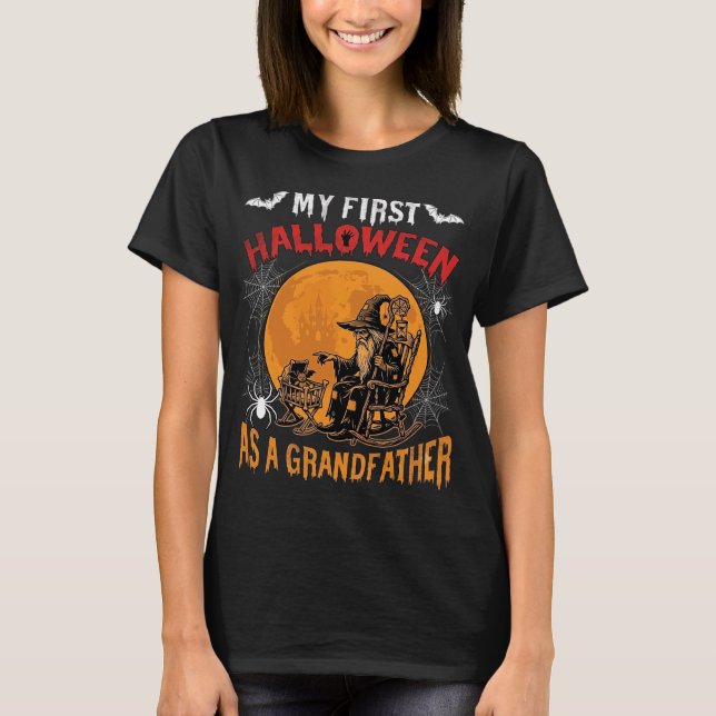 Camiseta Primeiro Halloween como Avô Feiticeiro Morcego Lua (Frente)