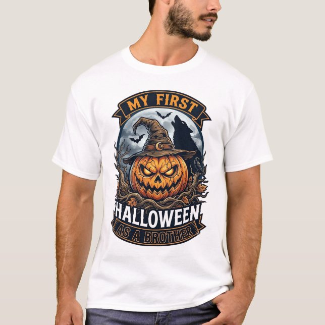 Camiseta Primeiro Halloween como Irmão Abóbora Lobo Lua_1 (Frente)