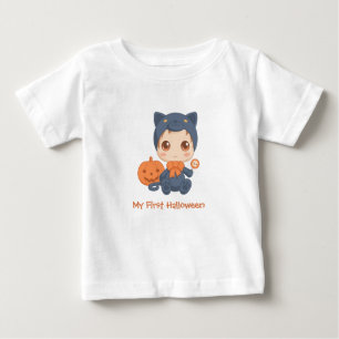 Camiseta Primeiro Halloween Figurume De Gato Preto