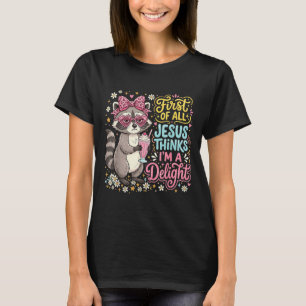 Camiseta Primeiro Jesus Acha Um Design de Guaxinim Encantad