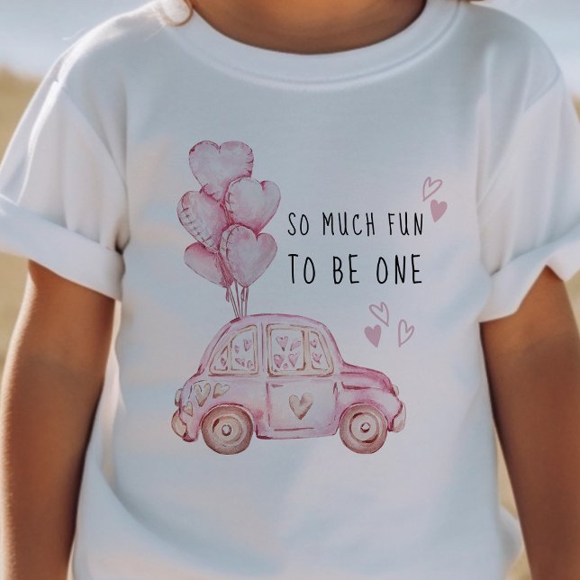 Camiseta Primeiro Namorados de Aniversário Balões Rosa e Ca (Girls First Birthday T-shirt - from my Car and Balloons Valentine Birthday Collection)
