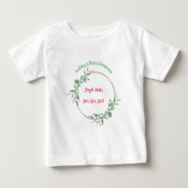 Camiseta Primeiro Natal, Bebê Top. Texto personalizável. (Frente)