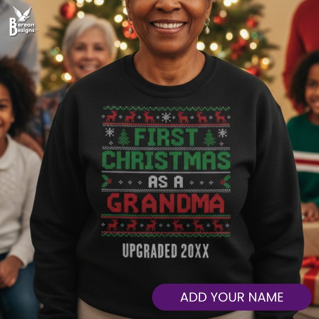 Camiseta PRIMEIRO NATAL COMO AVÓ Ugly Christmas (FIRST CHRISTMAS AS GRANDMA Ugly Christmas Jumper with custom name. Ideal festive gift for a new nana)