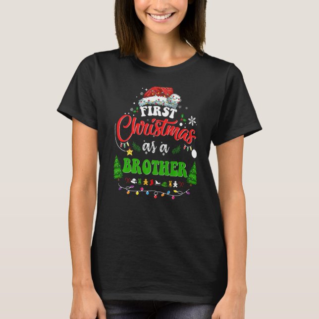 Camiseta Primeiro Natal Como Irmão Holiday Santa Hat Gr (Frente)