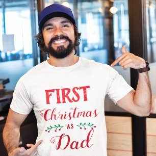 Camiseta Primeiro Natal como Pai texto vermelho família com