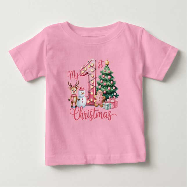 Camiseta Primeiro Natal da Bebê Menina Rosa (Frente)