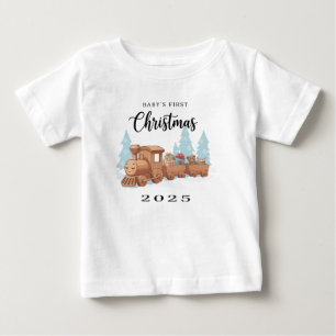 Camiseta Primeiro Natal do Bebê 2025 Brinquedo de Madeira
