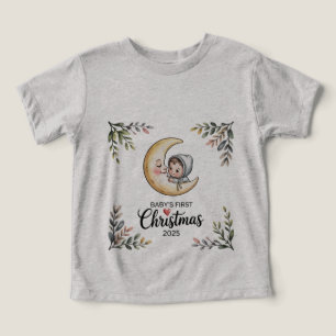 Camiseta Primeiro Natal do Bebê 2025 Lua Vintage & Bebê