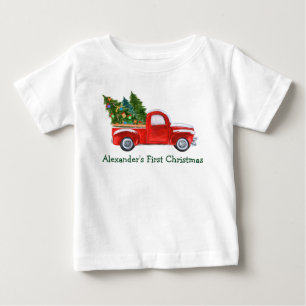 Camiseta Primeiro Natal do Bebê Caminhão Vermelho Nome Verd