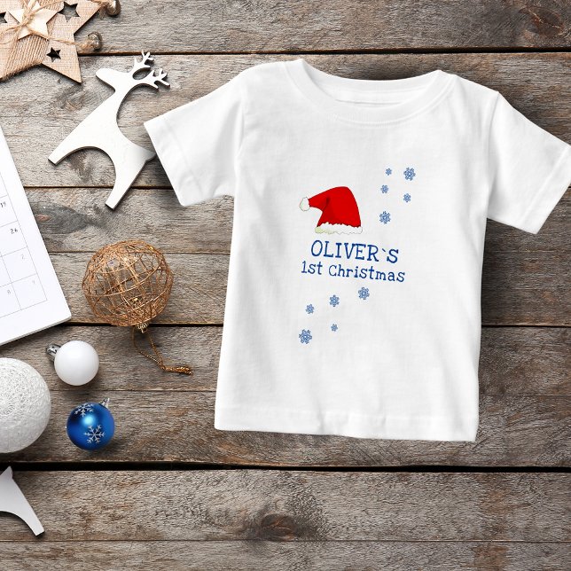 Camiseta Primeiro Natal do Bebê Chapéu de Papai Noel Floco  (Criador carregado)
