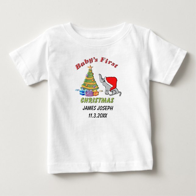 Camiseta Primeiro Natal do Bebê Personalizado com Elefante (Frente)