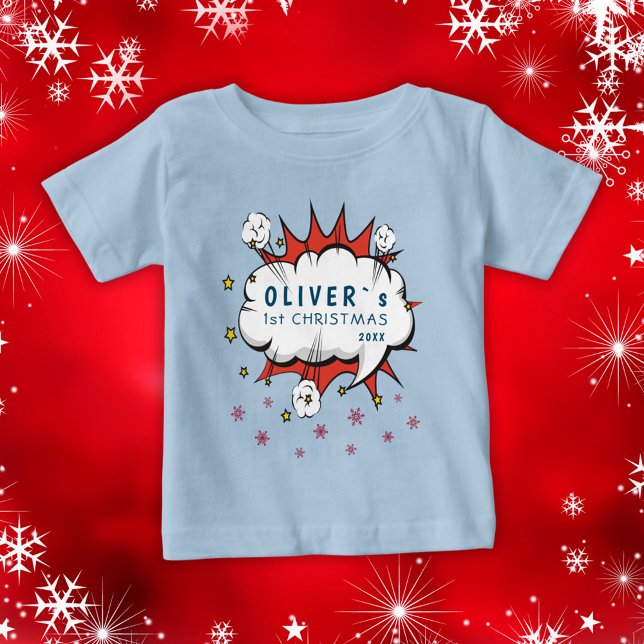 Camiseta Primeiro Natal do Bebê Super Herói Flocos de Neve (Criador carregado)