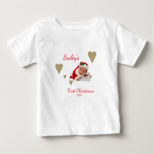 Camiseta Primeiro Natal Foto Dourada do Bebê