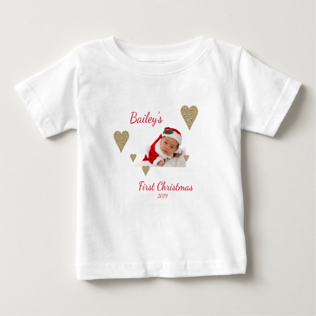 Camiseta Primeiro Natal Foto Dourada do Bebê (Frente)