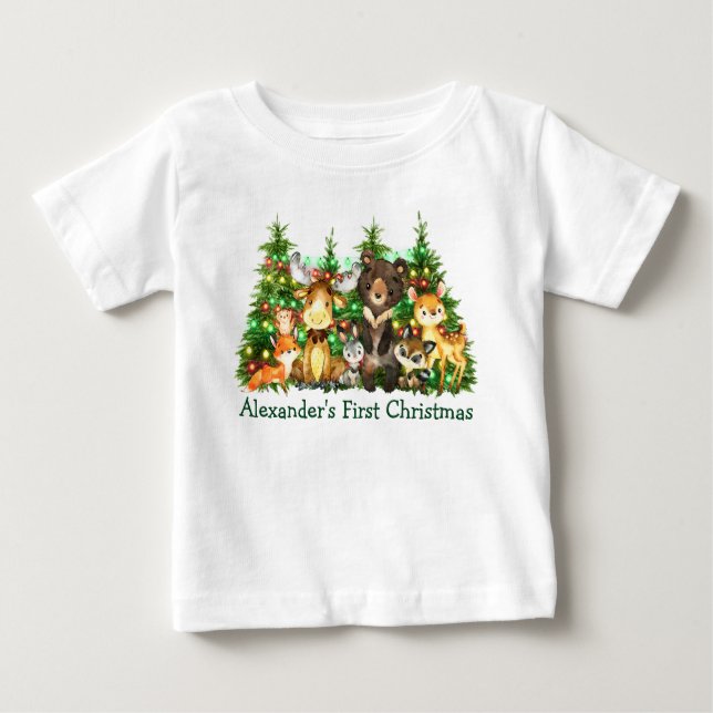 Camiseta Primeiro Natal Luzes Florestas (Frente)