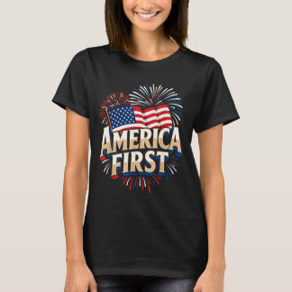 Camiseta Primeiro Nos EUA Bandeira Foguetes Patriótico