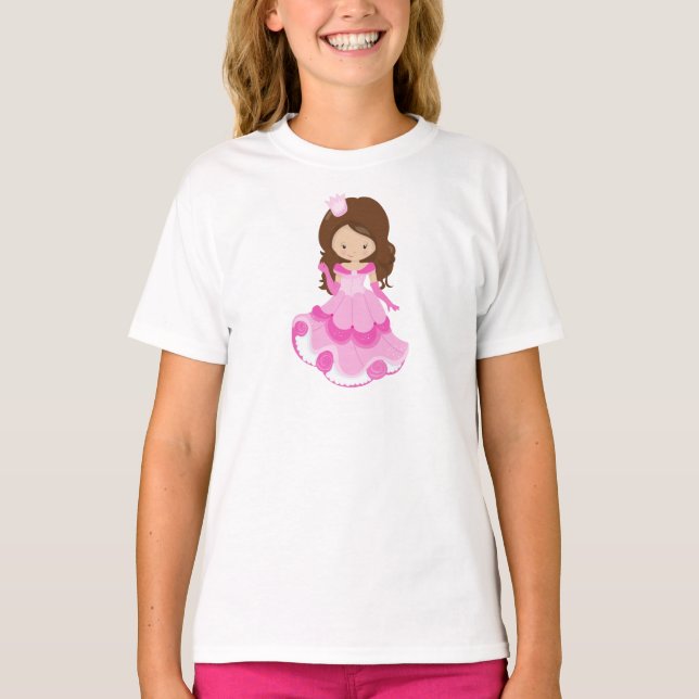 Camiseta Princesa Bonita, Coroa, Vestido Rosa, Cabelo Casta (Frente)