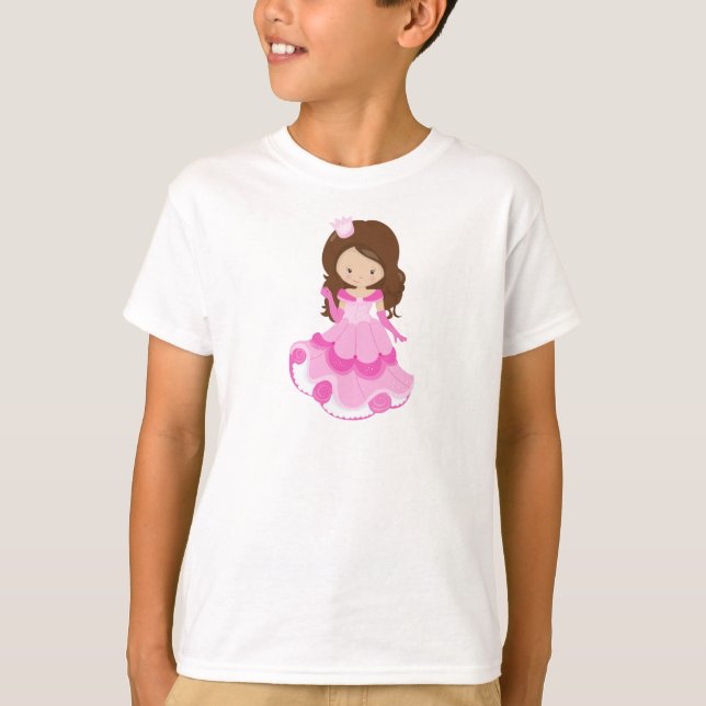 Camiseta Princesa Bonita, Coroa, Vestido Rosa, Cabelo Casta (Frente)