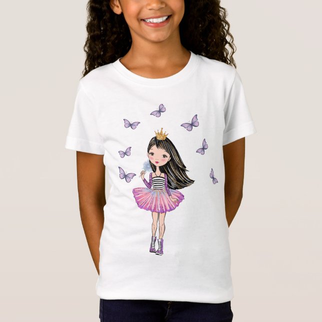 Camiseta Princesa com cabelo preto, olhos de Brown, (Frente)