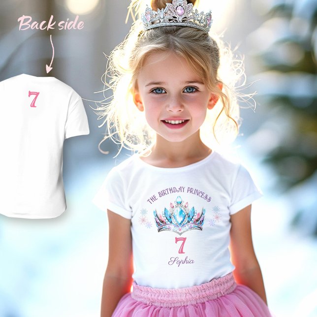 Camiseta Princesa Coroa Rosa Azul Roxo Aniversário Nome (Princess Crown Pink Blue Purple Birthday Girl Name T-Shirt)