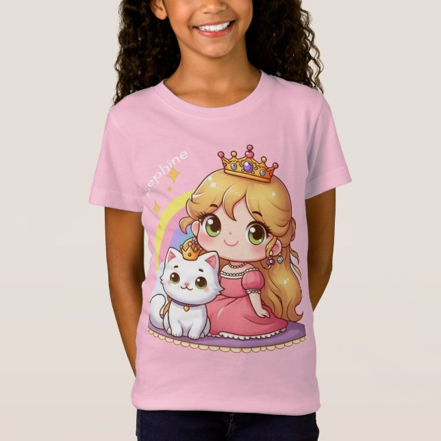 Camiseta Princesa Cuta Personalizável com Gato Branco (Frente)