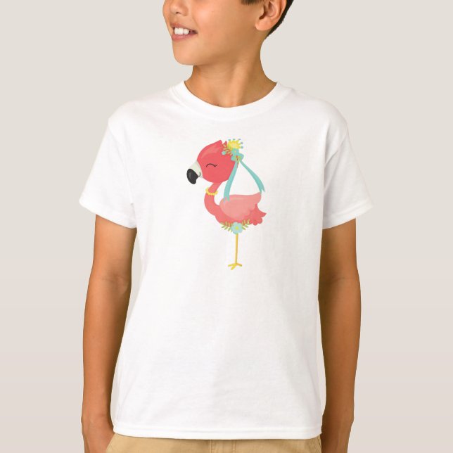 Camiseta Princesa Flamingo, Coroa, Flores, Flamingo Bonito (Frente)