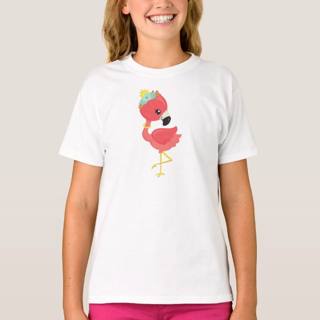 Camiseta Princesa Flamingo, Flores, Coroa, Flamingo Bonito (Frente)