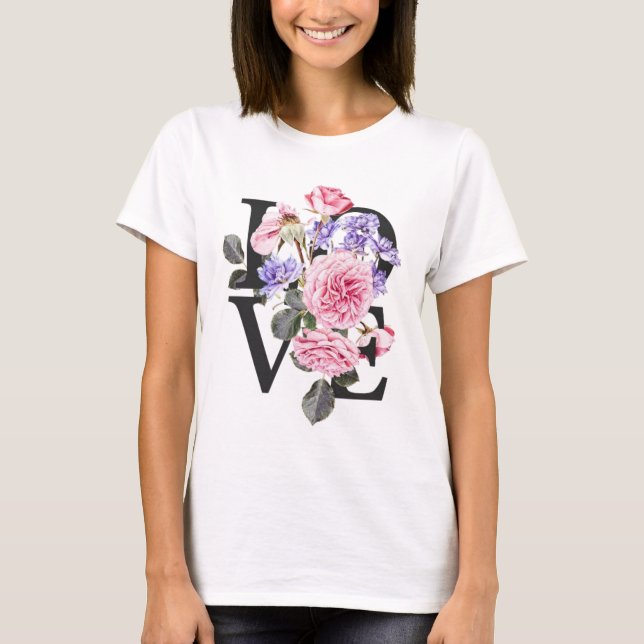 Camiseta print with the phrase love decorated with flowers (Frente)